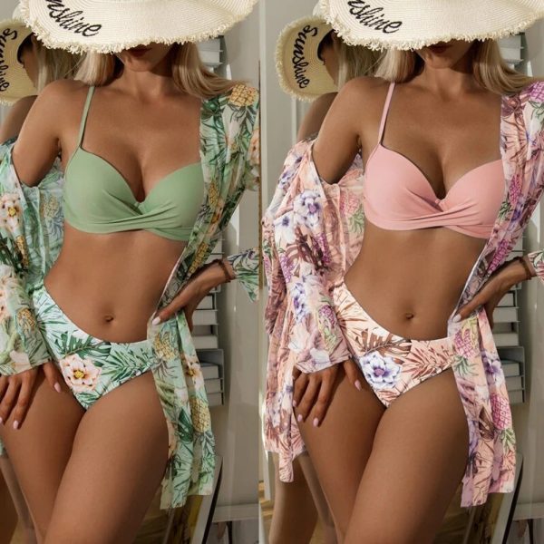 Bikini New Swimsuit Three-Piece Mesh Shawl Blouse Kimono Split Print B Sale