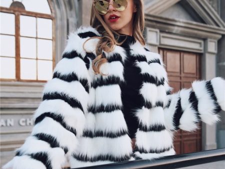 Winter Black and white striped faux fur coat fur coats Women Elegant Online