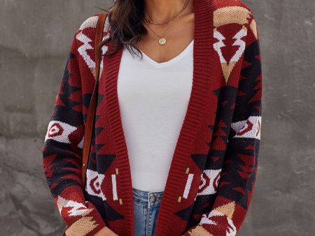 Winter Red Moraga Pocketed Aztec Cardigan on Sale