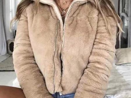 Turndown collar faux fur jackets Women long sleeve zipper Sale