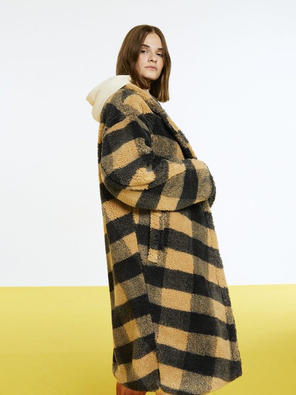 Double Breasted Plaid Faux Fur Coat For Discount