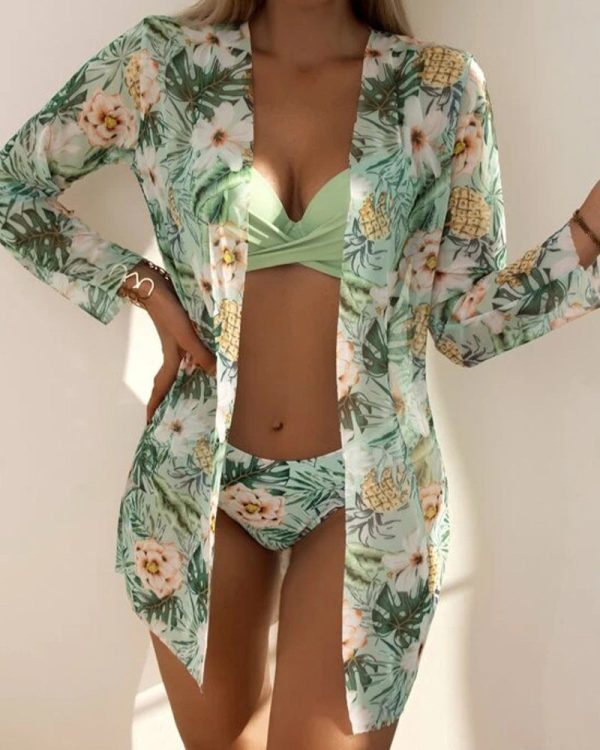 Bikini New Swimsuit Three-Piece Mesh Shawl Blouse Kimono Split Print B Sale